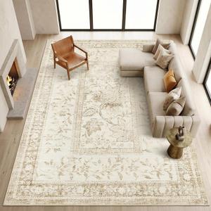 GarveeHome Vintage Beige Area Rug 9x12 for Living Room Washable Cottage Core Retro Farmhouse Low-Pile Non-Slip Large Carpet for Bedroom Dining Room Home Office TPE Backing Indoor Decor