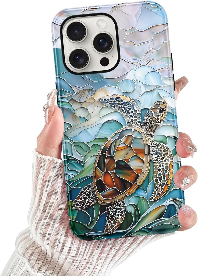 for iPhone 15 Pro Stained Glass Phone Case 6.1", Aesthetic Blue and Green Turtle Ocean Sea Case Cute Pattern Print Design Cover Anti-Scratch Glossy Prevention Funda for Woman Girls Men