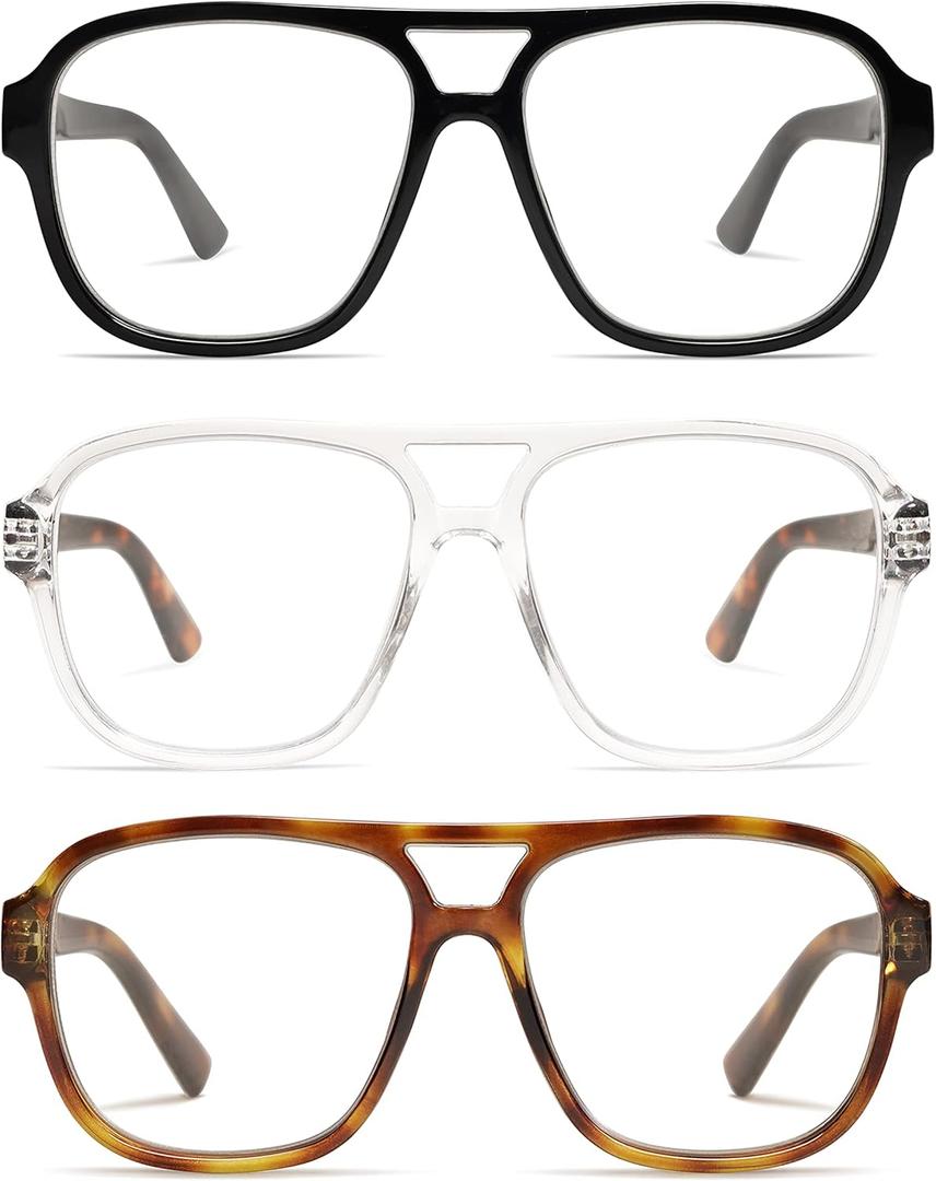 AMOMOMA 3 Pack Oversized Aviator Spring Hinge Reading Glasses for Women Men,Retro Blue Light Computer Reader Frame AM6081 (C1.black+c2.crystal+c3.yellow Tortoise)