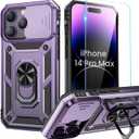 2 x Goton Only for iPhone 14 Pro Max Case with Screen Protector - Slide Camera Cover with Ring Stand, Heavy Duty Military Grade Shockproof Rugged Accessories for iPhone 14Promax Dark Purple
