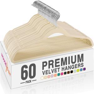 HOUSE DAY Beige Velvet Hangers 60 Pack, Non Slip Clothes Felt Hanger Heavy Duty for Coat, Premium Slim Space Saving Suit Hangers for Closet Organizer, 360 Rotating Silver Hook