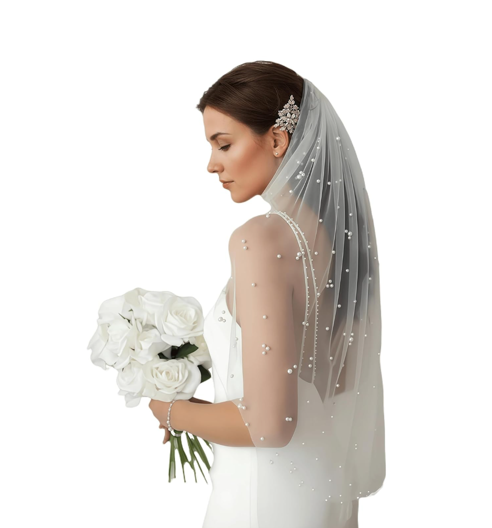 Wedding Bridal Veil, 1 Tier Soft Tulle Pearl Veils for Brides, With Metal Comb Veils for Women Wedding, White