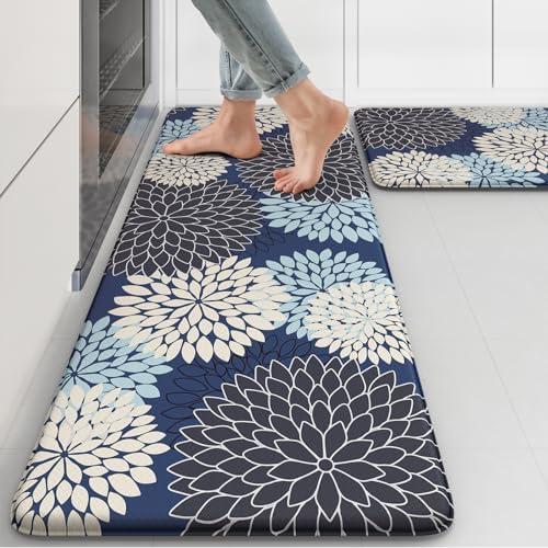 Collive Anti Fatigue Kitchen Mats 2PCS,Boho Kitchen Rugs Non Slip Rubber Backing,Farmhouse Waterproof Kitchen Mat for Floor,Cushioned Standing Mat for Kitchen,Laundry,Sink,Desk,Mutil-Blue