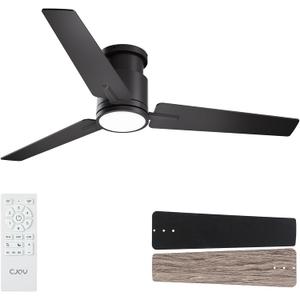 CJOY Ceiling Fan with Lights, 52 Inch Low Profile Ceiling Fans with Light and Remote, Reversible DC, Flush Mount, 3CCTDimmable, Modern Indoor/Outdoor Design for Bedroom, Living Room, Patio, Kitchen (Black)