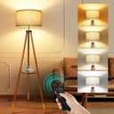 OUTON Wood Tripod Floor Lamp with Shelves, Mid Century Floor Lamp with Remote Control, 4 Color Temperature, LED Modern Dimmable Standing Lamp for Living Room, Bedroom, Office, Walnut & Gold