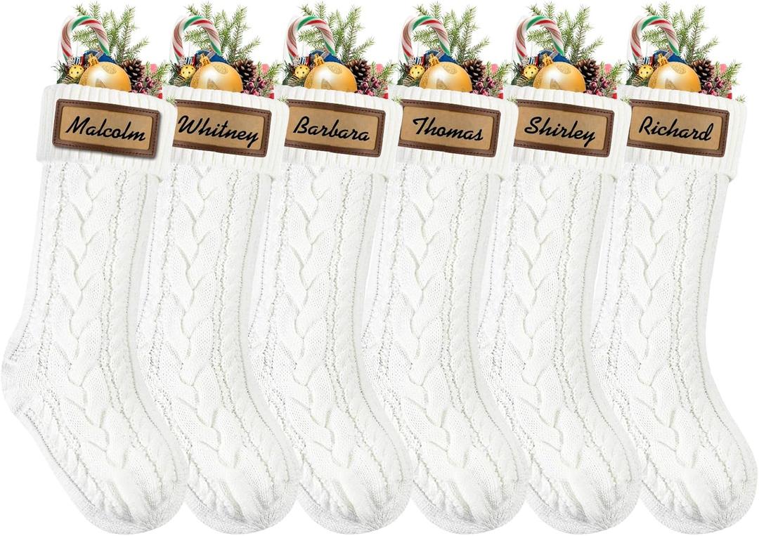 XOYTN 6 Pack Christmas Stockings, 18inch Large White Cable Knitted Stocking Personalized Xmas Hanging Stocking with Leather Patches Custom Name for Christmas Holiday Party Decoration