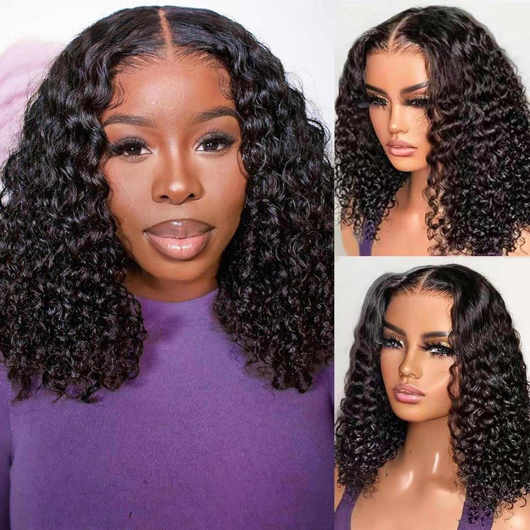 Deep Wave BOB Wig Human Hair 13x4 HD Curly BOB Lace Front Wigs Human Hair Pre Plucked Wear And Go Glueless Short Curly Frontal BOB Wigs For Black Women Wet And Wavy 14 Inch