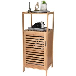 WHOLE HOUSEWARES Bamboo Storage Cabinet  Freestanding Organizer with Doors and Multi-Tier & Purpose Shelf for Bathroom, Bedroom, Kitchen, Entryway | 34x14x13Inch