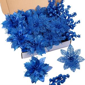 24Pcs Christmas Poinsettia Artificial Flowers and Glitter Berries Kit, 2 Styles Total 16Pcs Christmas Tree Flowers Ornaments, 8Pcs Christmas Tree Picks for Wedding Holiday Decorations, Baby Blue