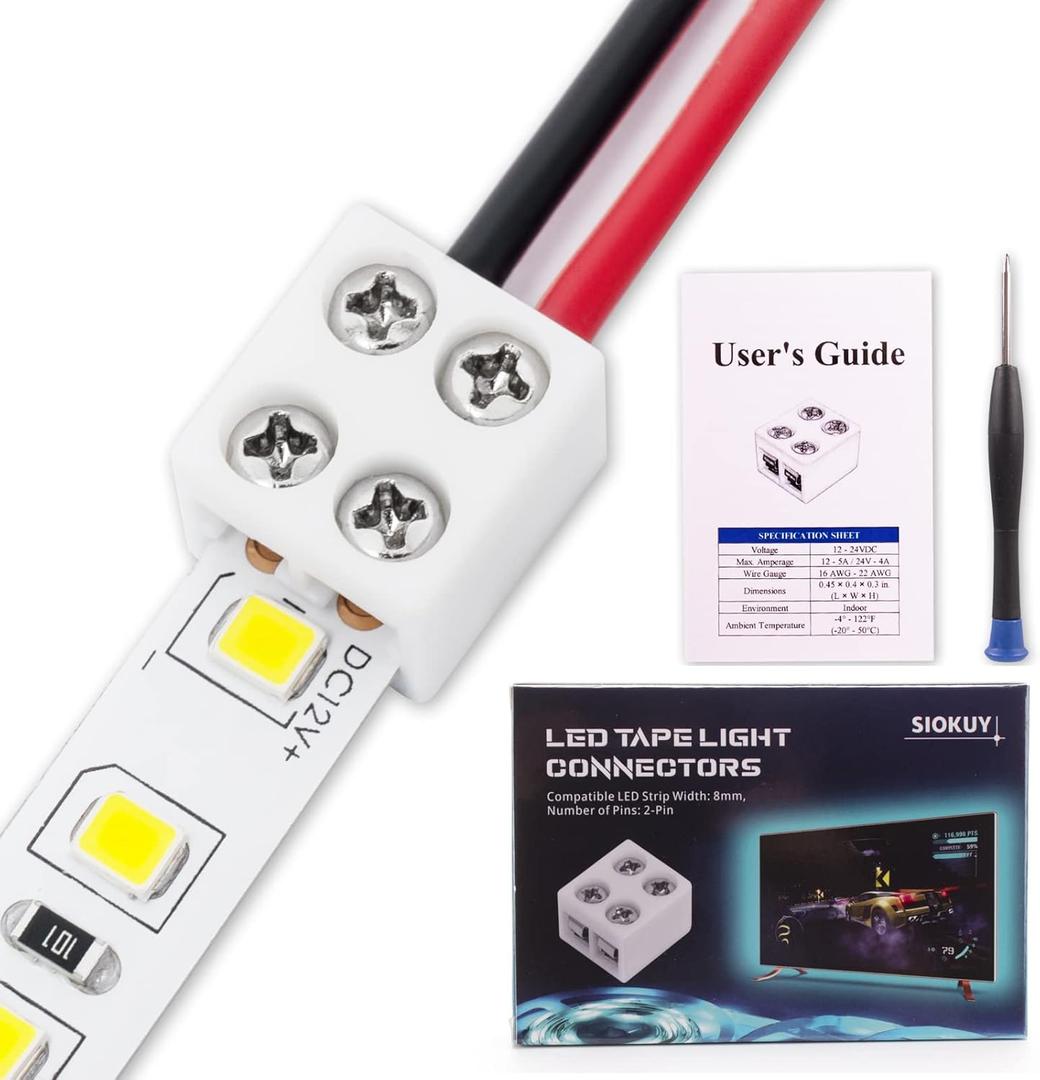 20 Pack 2 Pin 8mm LED Strip Connectors, Solderless Screw Terminal LED Light Strip Connectors, Wire to Strip Connector for 5V 12V 24V