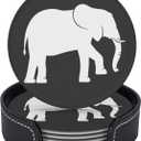 Black and White Elephant Leather Drink Coasters Set of 6 with Holder Round Cup Coaster for Table Decor (1)