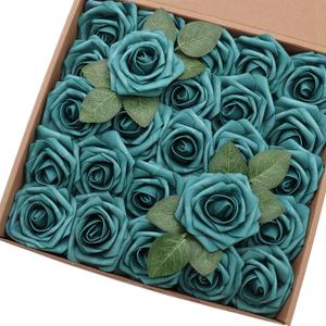 Artificial Flowers 50PCS Real Looking Dark Teal Roses Fake Roses with Stem for DIY Wedding Bouquets Centerpieces Party Baby Shower Home Decorations