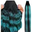 18 Inch Tape in Hair Extensions - 10 Pieces (2g/Piece) 100% Remy Human Hair - Includes Waterproof Tapes - Black Teal Green Balayage