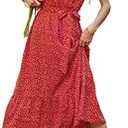 PRETTYGARDEN Women's Summer Floral Boho Maxi Dress Wrap Short Sleeve V Neck Ruffle A-Line Flowy Wedding Guest Long Dresses Size Small, Red Orange 