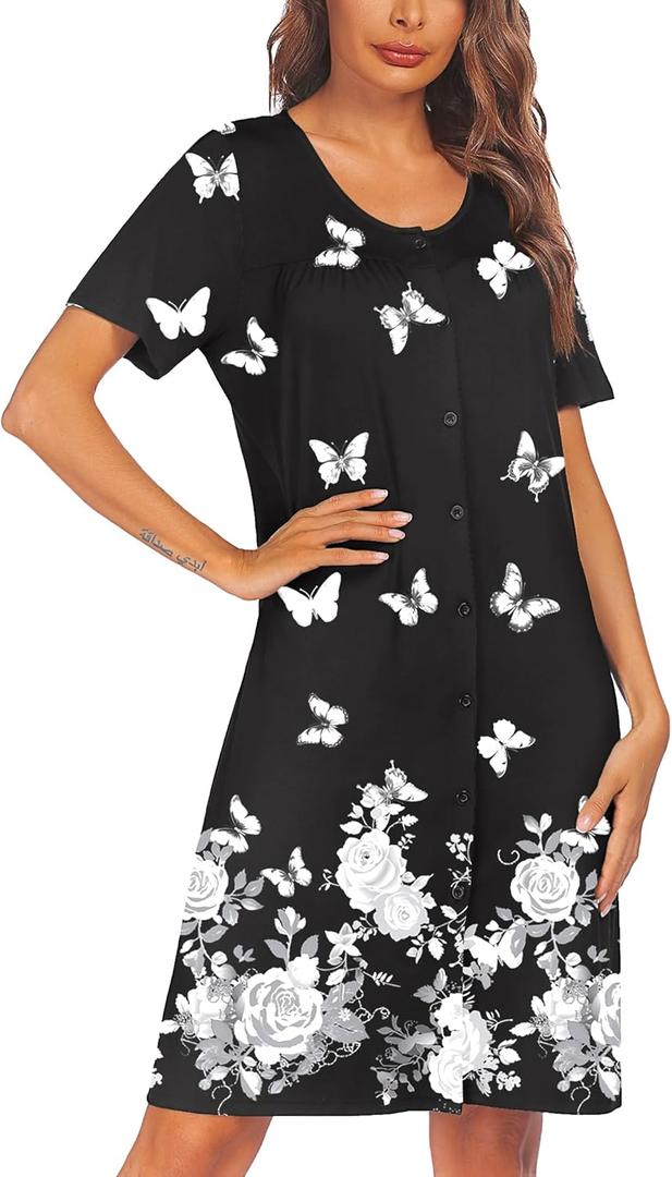 Ekouaer House Dresses for Women Button Down Nightgowns Short Sleeve Pleated Snap Front Mumu Dress Butterfly S