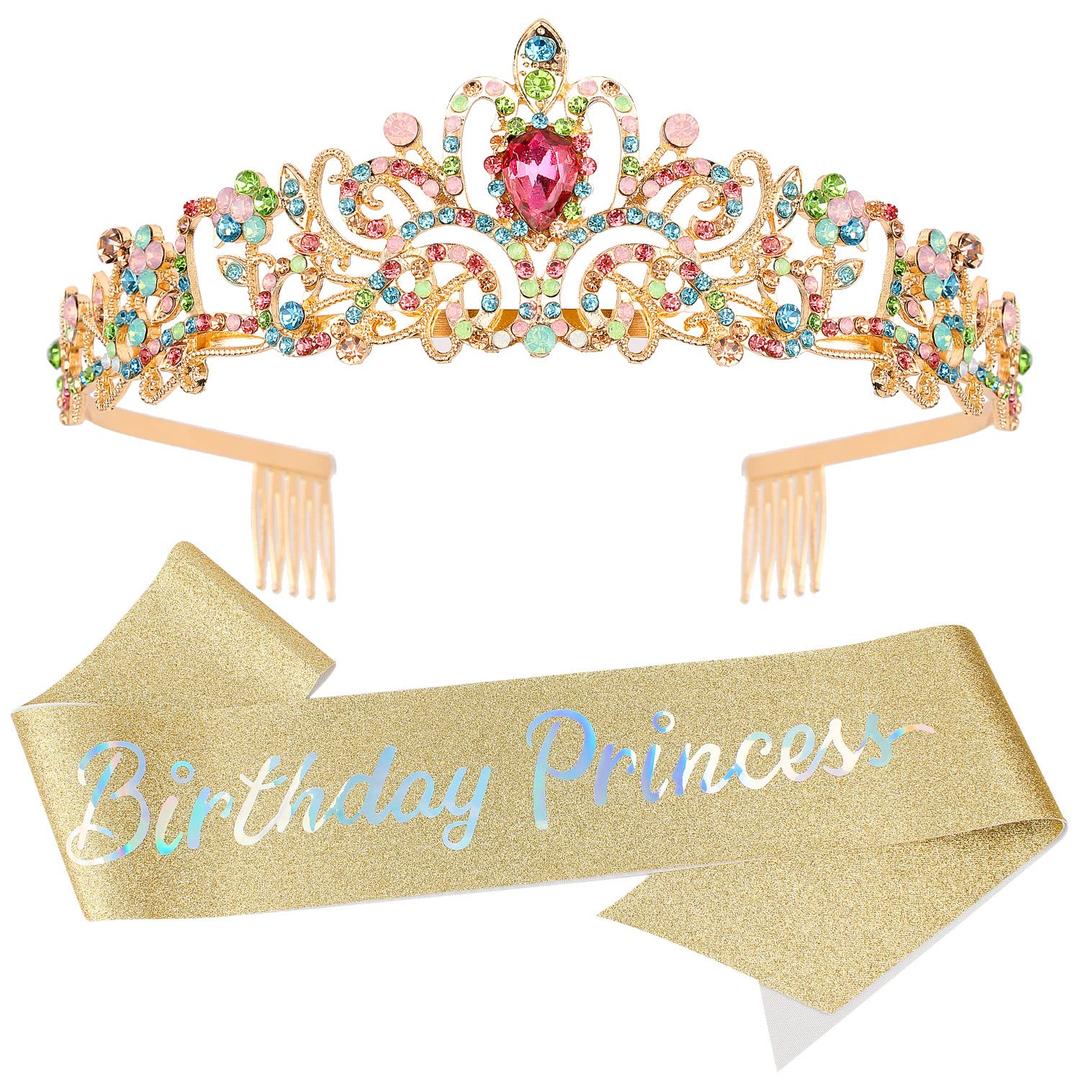 Birthday Girl Tiara and Crown with Sash, Headband and Party Decorations (iridescent)