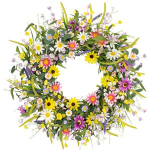 22 Inches Spring Wreaths for Front Door Spring Flower Wreaths Summer Door Wreath Colorful Wildflower Wreath with Daisy Lavender for Window Indoors Outdoor Decor