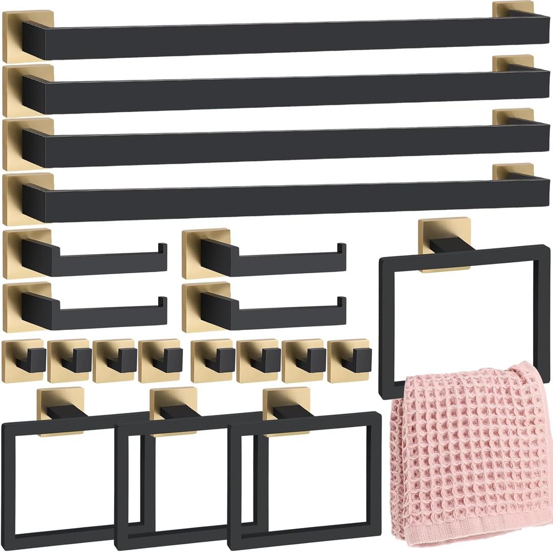 Gisafai 20 Pcs Black Gold Bathroom Hardware Accessories Set 23.6 Inch Bath Towel Bar Kit Stainless Steel Bathroom Hardware Set Towel Racks Ring Robe Hooks Paper Holder for Wall Mounted