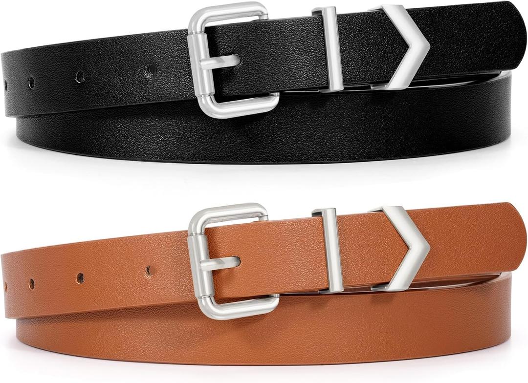 2 x XZQTIVE 2 Pack Women's Skinny Leather Belts for Jeans Pants Dress Ladies Thin waist belt with Gold Buckle (Silver Black+brown)