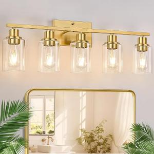 Indoi 5-Light Bathroom Light Fixture, Modern Brushed Gold Bathroom Lights Over Mirror with Clear Glass Globe Shades, Vanity Lighting Fixtures for Kitchen, Living Room, Hallway, Bedroom, Porch
