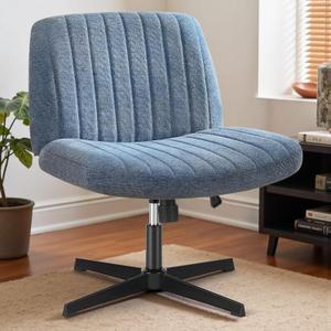 DUMOS Criss Cross Legged Chair Wide Comfy Home Office Desk Seat, No Wheels Armless Computer Task Seating, Swivel Vanity Chair Height Adjustable for Makeup Bedroom, Fabric Blue
