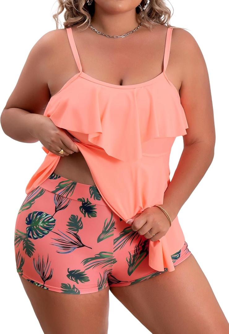 B2prity Women Plus Size Tankini Swimsuits Tummy Control Two Piece Bathing Suit Ruffled Flounce Swimwear with Shorts (X-Large, Peach)