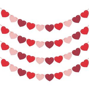 JOZON 4 Pack Felt Heart Valentines Day Garland Banner Valentines Day Heart Decorations for Anniversary Wedding Engagement Party Home Office Wall Decorations Supplies (Red, Pink and Dark Red Color)