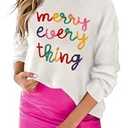 LEMAFER Women's 2025 Christmas Colorful Merry Every Thing Sweater Round Neck Sequin Tinsel Slogan Sweatshirts Long Sleeve Holiday Pullover Tops  (Small)