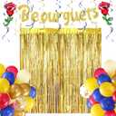 Soulchen 105 Pcs Beauty Birthday Party Decorations Gold Be Our Guest Banner Blue Yellow Rose Balloons Fringe Curtain Gold Princess Birthday Party Decoration for Bridal Wedding Engagement Decor