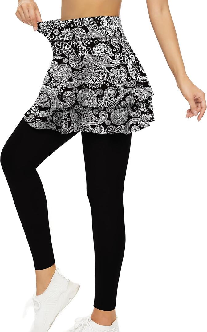 Tennis Skirted Leggings with Pockets for Women Active Skort Athletic Ruffle Pleated Golf Skapri with Skirt (M, 2-Layer Paisley)