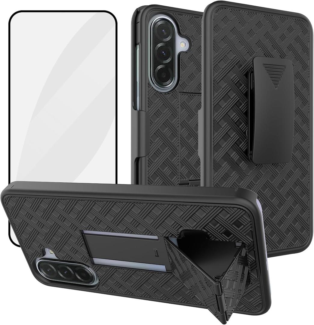 Ailiber for Samsung Galaxy S25 FE Case, Samsung S25 FE Belt Clip Case Holster with Tempered Glass Screen Protector, Swivel Kickstand Holder, Slim Shockproof Slide Shell Pouch Cell Phone Cover-Black