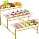3 Tier Serving Tray for Party, 12"x6" Tiered Serving Platters with Steel Display Stand for Sevring Food,Cookies,Veggie, Dessert,Fruit, Gold