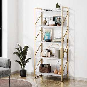 5 Tiers Bookshelf, Classically Tall Bookcase Shelf, Industrial Book Rack, Modern Book Holder in Bedroom/Living Room/Home/Office, Storage Rack Shelves for Books/Movies, Gold