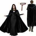 Niurui Renaissance Hooded Cape with Vintage Belt Medieval Cloak for Women and Men Hobbit Halloween Costume (Black, M)