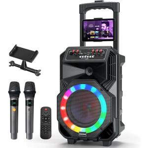 Karaoke Machine with 2 Wireless Microphones, Rolling Wheels, and Trolley 8800mAh Portable Bluetooth Speaker, PA System with Lights, Adjustable Bass/Treble/Echo for Parties, Indoor and Outdoor Use