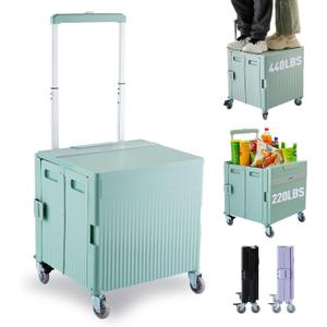 Folding Utility Cart Portable Rolling Crate Handcart Shopping Trolley Collapsible Tool Box, with Lid, on Rotate Wheels, for Grocery, Shopping, Office, Teacher, Camp,File (Green)