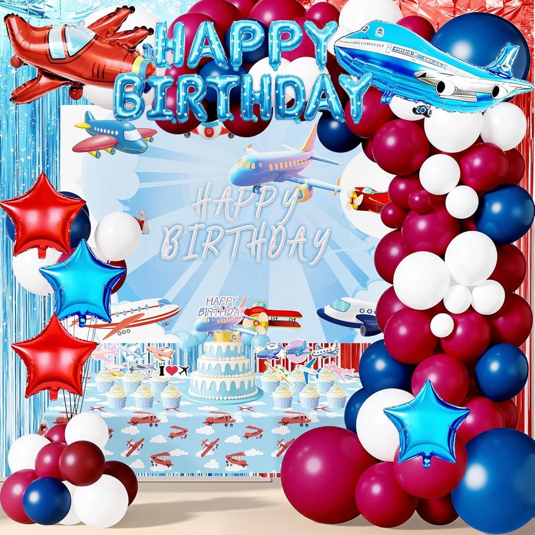 Airplane Birthday Party Decorations Set Flight Theme Supplies with Balloons Backdrop Tablecloth Cake Toppers Aviation Party Decor
