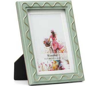 5x7 Picture Frame, Shinning Gold Swirls Against Sage-like Green, Resin Frame with Real Glass, Display 5x7 Photos Matted to 4x6, Vertical and Horizontal Desk Tabletop or Wall Hanging