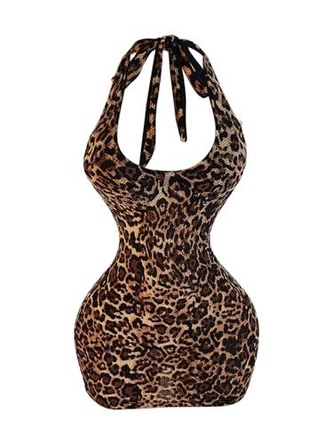 SweatyRocks Women's Leopard Print Halter Dress Backless Bodycon Mini Club Party Cheetah Dresses Coffee Brown Large