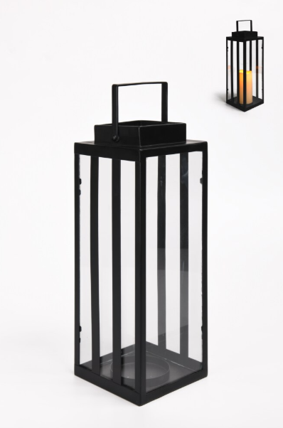 13" Black Metal Modern Candle Lantern – Decorative Hurricane Lantern for Indoor & Outdoor Use, Ideal for Table, Mantle, Porch, Halloween, Christmas, and Wedding Decor