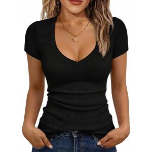 Albe Rita Women Short Sleeve T-Shirt Cap V Neck Shirts for Women Ribbed Casual Top Knit Slim Fit for Summer (Black, XXL)