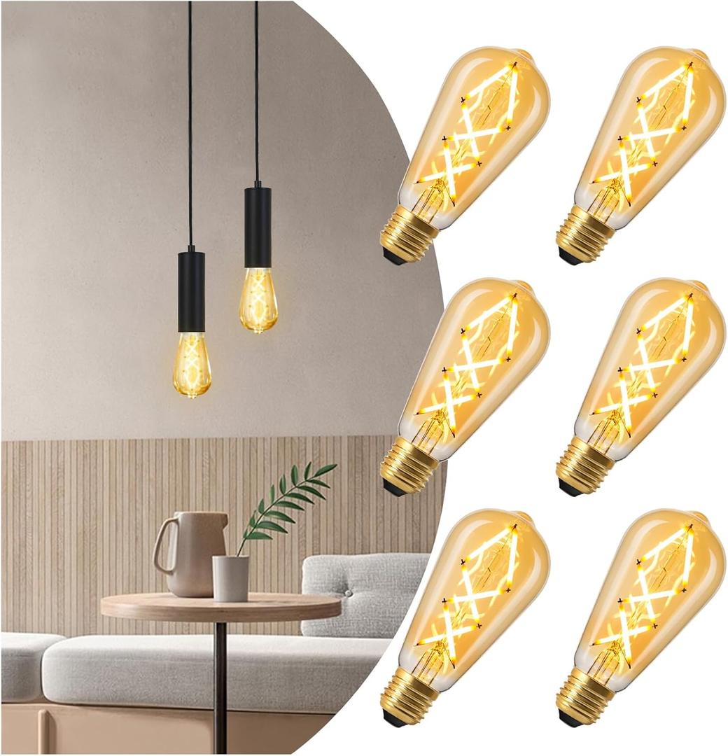 Light Bulbs 100+ Watt Equivalent, LED 10 Watt Light Bulb, 1100 Lumen 100 Watt LED Bulb, 2700K Soft White E26 Standard Base Edison Bulbs 100 Watt LED, ST19 Amber Vintage Light Bulb, 6 Pack