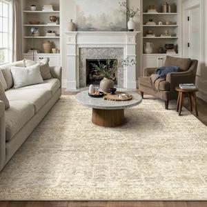HUGEAR Area Rug 8x10 Retro Beige/Brown Machine Washable Living Room Rugs Distressed Vintage Floral Vacuumable Low Pile Carpet Bedroom Office Dining Room Laundry Room Non Slip Soft Lightweight