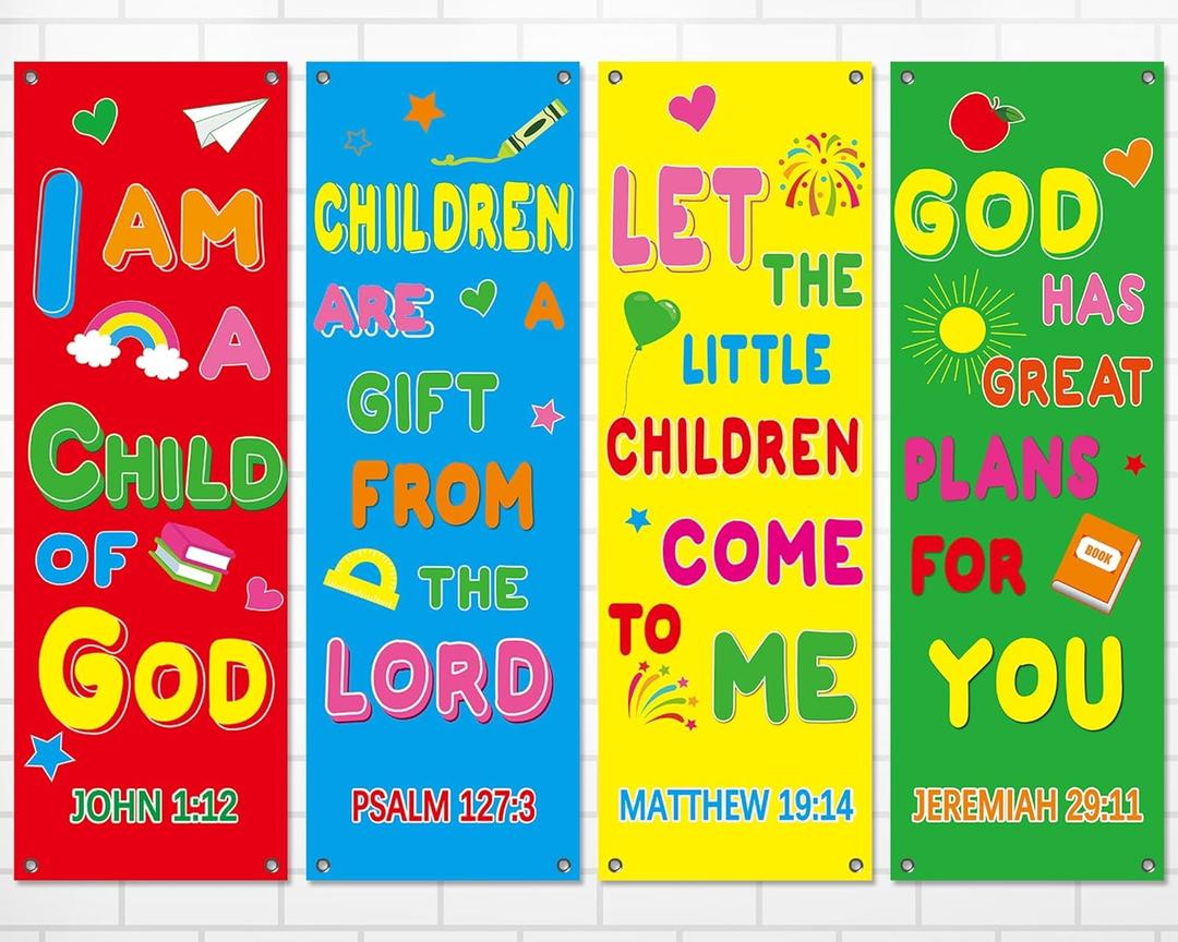 4Pcs Church Banners for Sanctuary Wall Religious Banners with Scripture Bible Christian Backdrop for Classroom Inspirational Religious Praise Hanging Signs for Church Sunday School Decoration