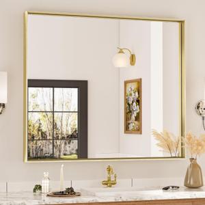 Keonjinn Brushed Gold Bathroom Mirror 42 x 36 Inch Metal Frame Rectangular Large Wall Mirror for Bathroom Sink Gold Vanity Mirror for Over Sink Aluminum Alloy Rectangle Mirror(Horizontal/Vertical)