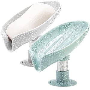 2Pack Soap Holder Leaf-Shape - Self Draining Soap Dish Holder, Not Punched Easy Clean Bar Soap Holder, with Suction Cup Soap Dish Suitable for Shower, Bathroom, Kitchen Sink (Grey + Green)