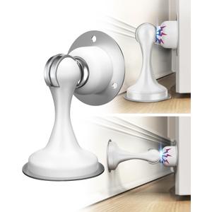 2 x Door Stoppers, Magnetic Door Stop, Stainless Steel, 1 Pack Magnetic Door Catch, 3M Double-Sided Adhesive Tape, No Drilling, Screws for Stronger Mount, Hold Your Door Open, for Wide Doors (White)