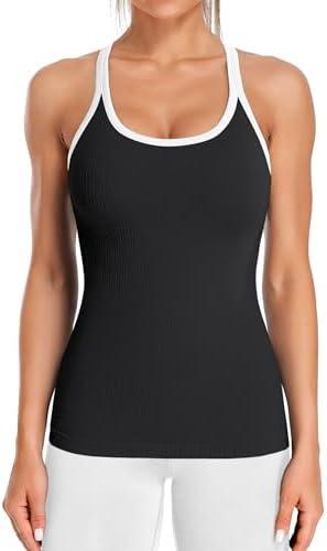 ATTRACO Ribbed Workout Tank Tops for Women with Built in Bra Tight Racerback Scoop Neck Athletic Top L