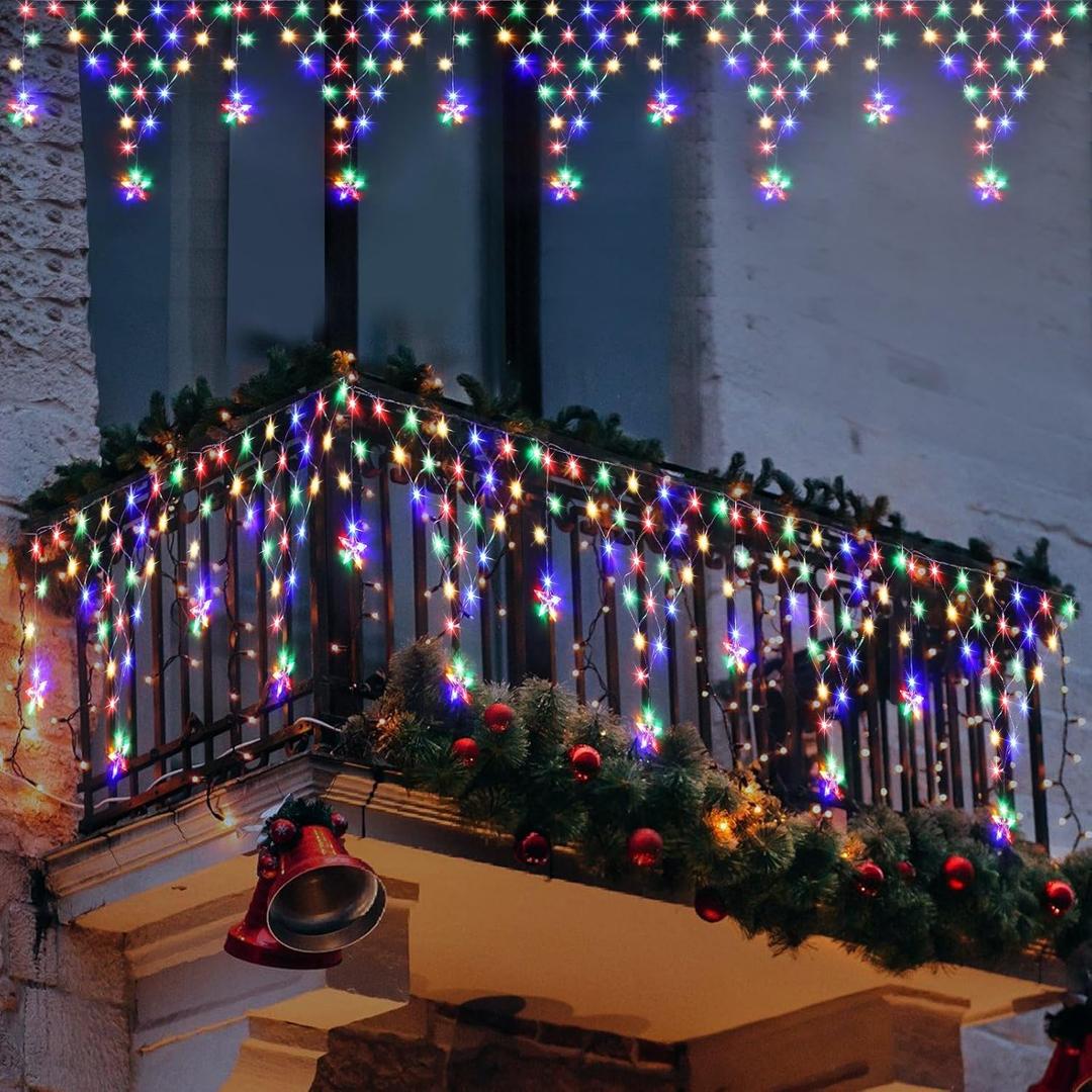 Christmas Lights Outdoor Decorations 13.8ft 200 LED Christmas Lights with 12 Stars,Dimmable Curtain Fairy Light with 8 Modes for Wedding Party Holiday Christmas Decor(Multicolor)