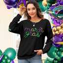 Womens Mardi Gras Shirt Stripes Fat Tuesday Tee Shirt Sequin New Orleans Carnival Party Long Sleeve Top (Black, XL)